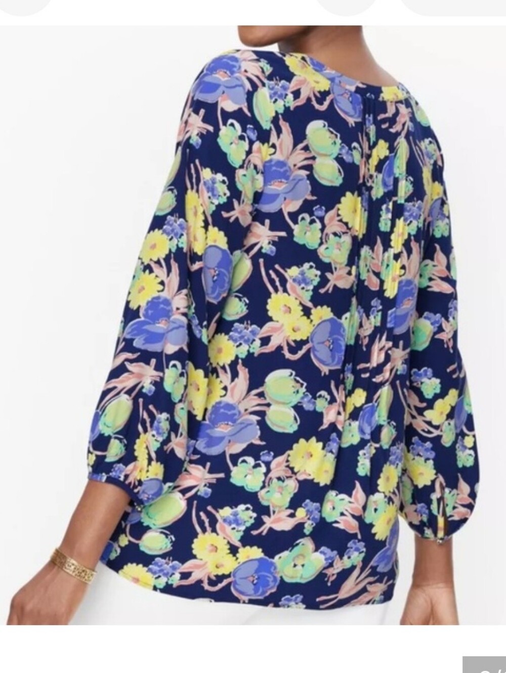 Talbots Petite Navy Floral Pintuck Split Neck Blouse 3/4 Sleeve Top LP - Picture 2 of 6